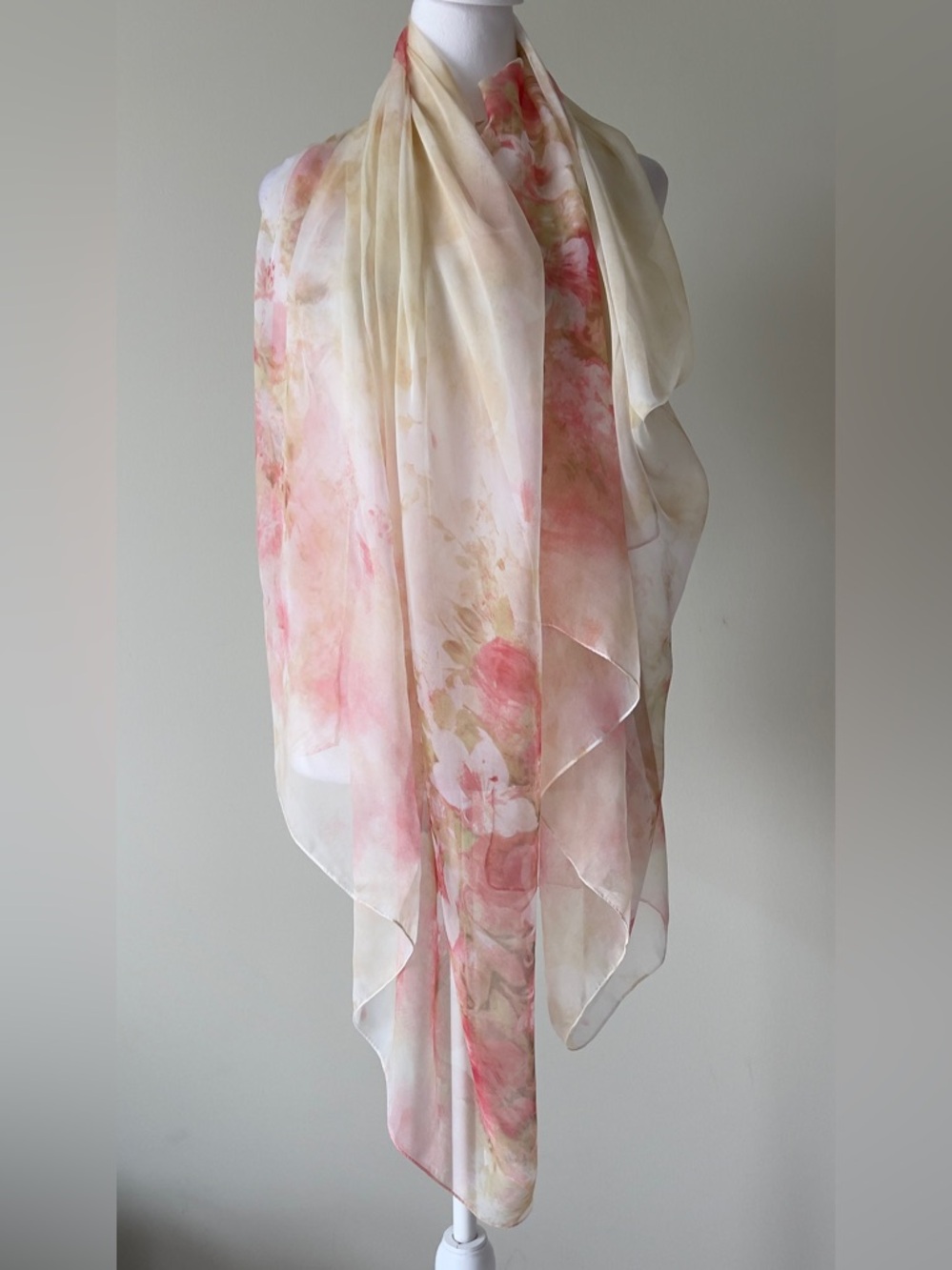 Silk Mix Sheer Floral Watercolor Scarf in Blush and Cream EUC
